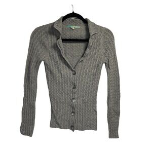 Boden Sweater Womens 4‎ Gray Button Front Collared Wool Cable Knit Preppy Nylon